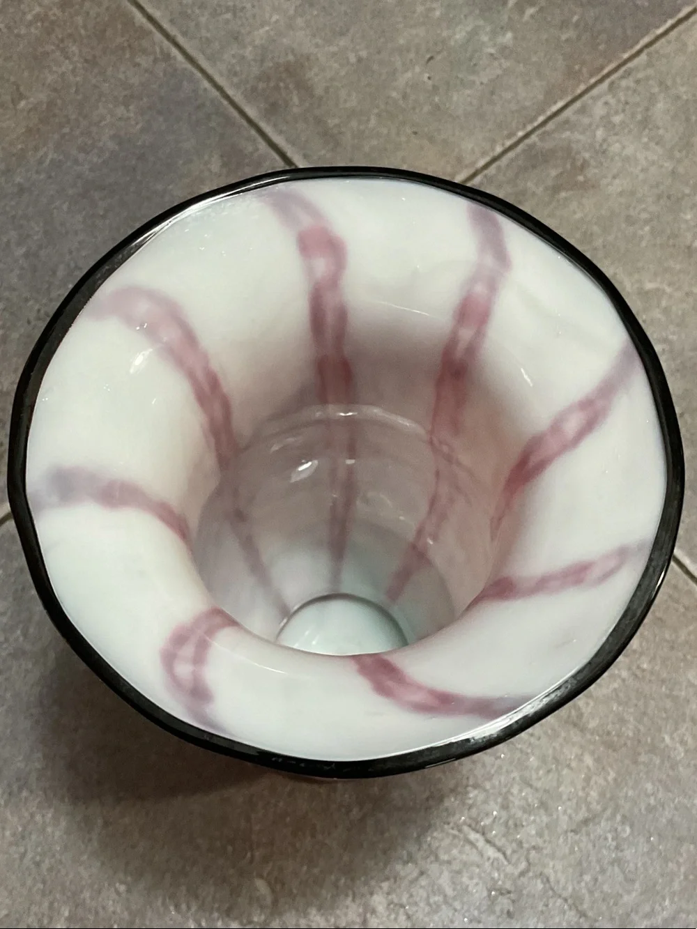 Hand-Blown Pink Art Glass Vase with Black Rim